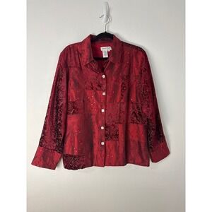 Dark Boho Whimisgoth‎ Red Silk Blend Patchwork Blouse Velvet Burnout Button up M